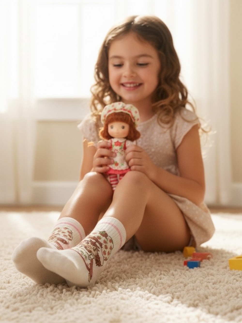 Kids No-Show Socks in Cream with Pink and Brown